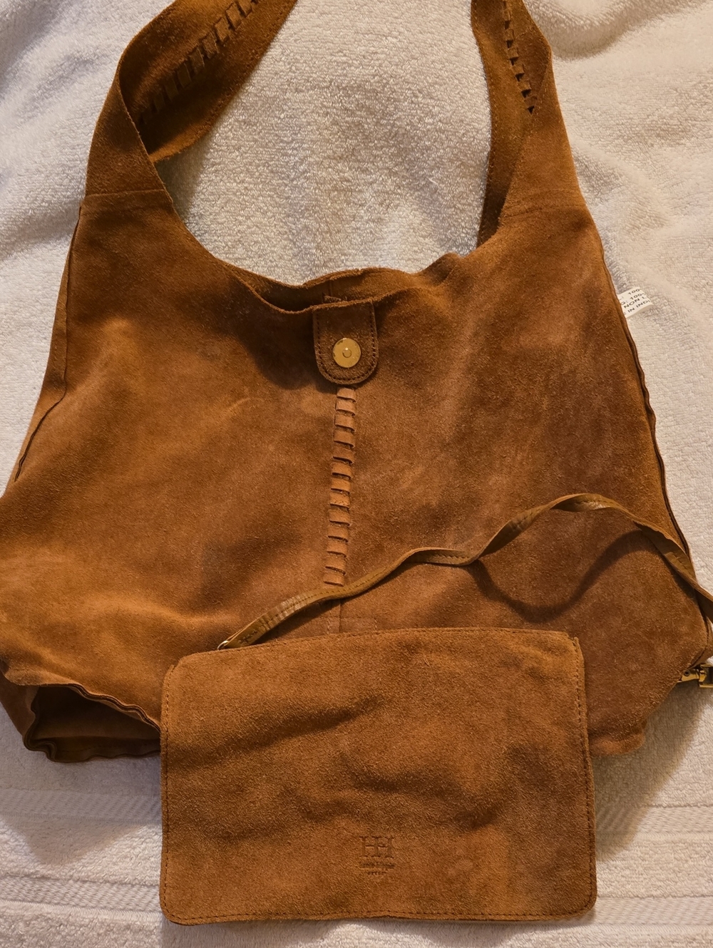 Haute Hippie Festival Suede Hobo Bag Brown Tan Whipstitch Slouchy With Pouch - Picture 14 of 16